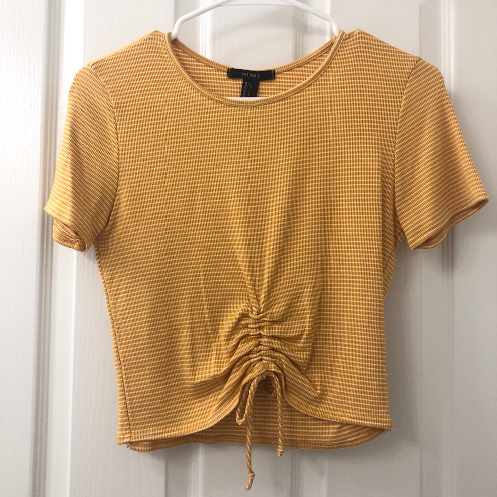 Yellow/white striped crop top, cute tie detail